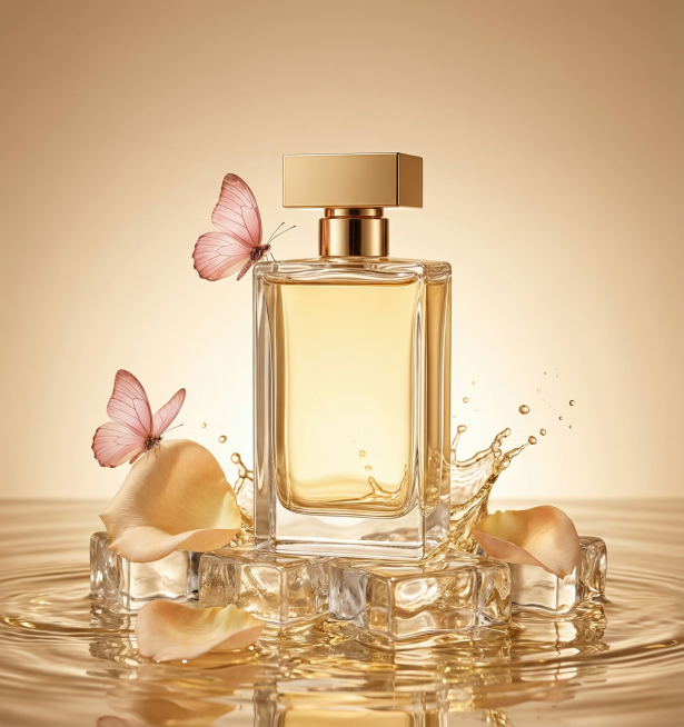 长方形透明玻璃瓶香水，金色方形瓶盖，瓶身装有浅黄色香水，保持物理结构绝对不变，瓶身通透严禁扭曲，保留瓶身产品造型不变。参考第一张图，以第一张图的场景和风格为参考，将此香水放置在带有金色光泽的透明冰块水预览效果