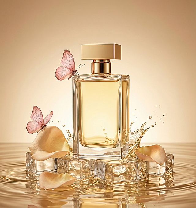 长方形透明玻璃瓶香水，金色方形瓶盖，瓶身装有浅黄色香水，保持物理结构绝对不变，瓶身通透严禁扭曲，保留瓶身产品造型不变。参考第一张图，以第一张图的场景和风格为参考，将此香水放置在带有金色光泽的透明冰块水波上，香槟色暖调渐变背景，轻奢优雅风格，搭配浅香槟色玫瑰花瓣和两只粉蝴蝶装饰，暖调柔和香槟侧逆光，治愈漫射光影，焦散光斑，溅起透明金色水花点缀，商业高端美妆摄影，8K分辨率，极高材质细节，极致干净通透。消除瓶身原有品牌文字，保持原图比例。