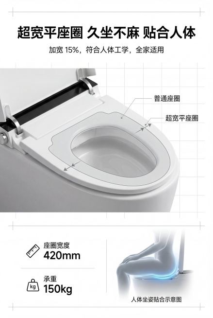 超宽平座圈设计卖点，2:3竖版电商详情页，严格还原上传的智能马桶产品图，产品尺寸比例保持 1:1。页面聚焦座圈设计，产品座圈特写，对比普通座圈尺寸，极简科技风，纯白背景 + 浅灰色对比线。主标题：「超预览效果