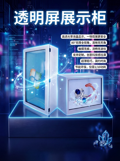 将这张透明屏展示柜海报调整为更强的科幻未来感，添加蓝色霓虹发光线条、赛博风背景光影、悬浮粒子特效，增强科技感氛围，保留所有产品和文字内容不变，文字依然保持清晰可阅读，整体风格酷炫科幻。预览效果