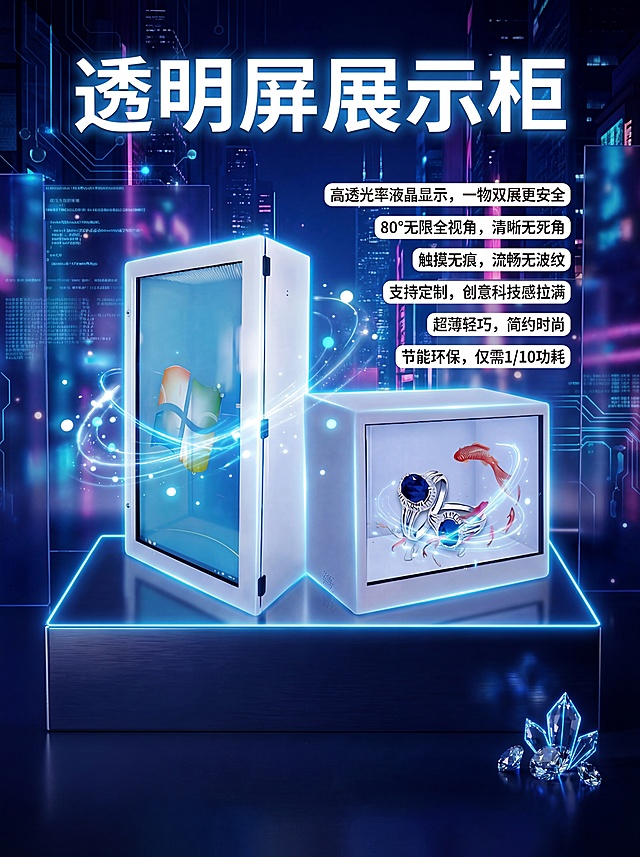 将这张透明屏展示柜海报调整为更强的科幻未来感，添加蓝色霓虹发光线条、赛博风背景光影、悬浮粒子特效，增强科技感氛围，保留所有产品和文字内容不变，文字依然保持清晰可阅读，整体风格酷炫科幻。