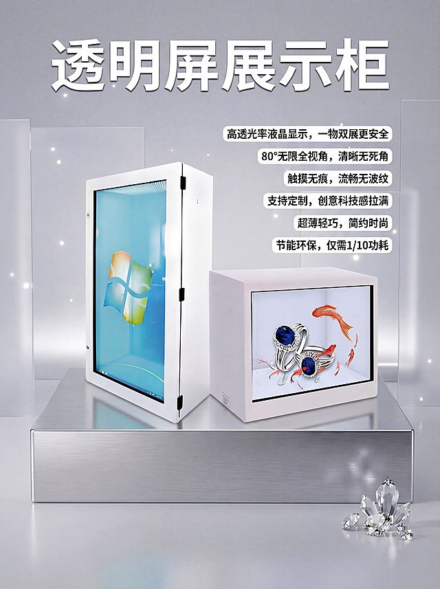 在原图基础上制作电商宣传海报，顶部添加大标题 "透明屏展示柜"，右侧竖排排版添加产品卖点文案：
高透光率液晶显示，一物双展更安全
80°无限全视角，清晰无死角
触摸无痕，流畅无波纹
支持定制，创意科技感拉满
超薄轻巧，简约时尚
节能环保，仅需1/10功耗
保留原产品展示，保持科技极简风格，文字清晰易读，整体干净明亮，保持产品结构不变。