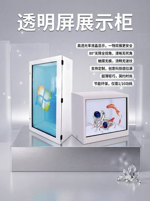 在原图基础上制作电商宣传海报，顶部添加大标题 "透明屏展示柜"，右侧竖排排版添加产品卖点文案：
高透光率液晶显示，一物双展更安全
80°无限全视角，清晰无死角
触摸无痕，流畅无波纹
支持定制，创意科技预览效果