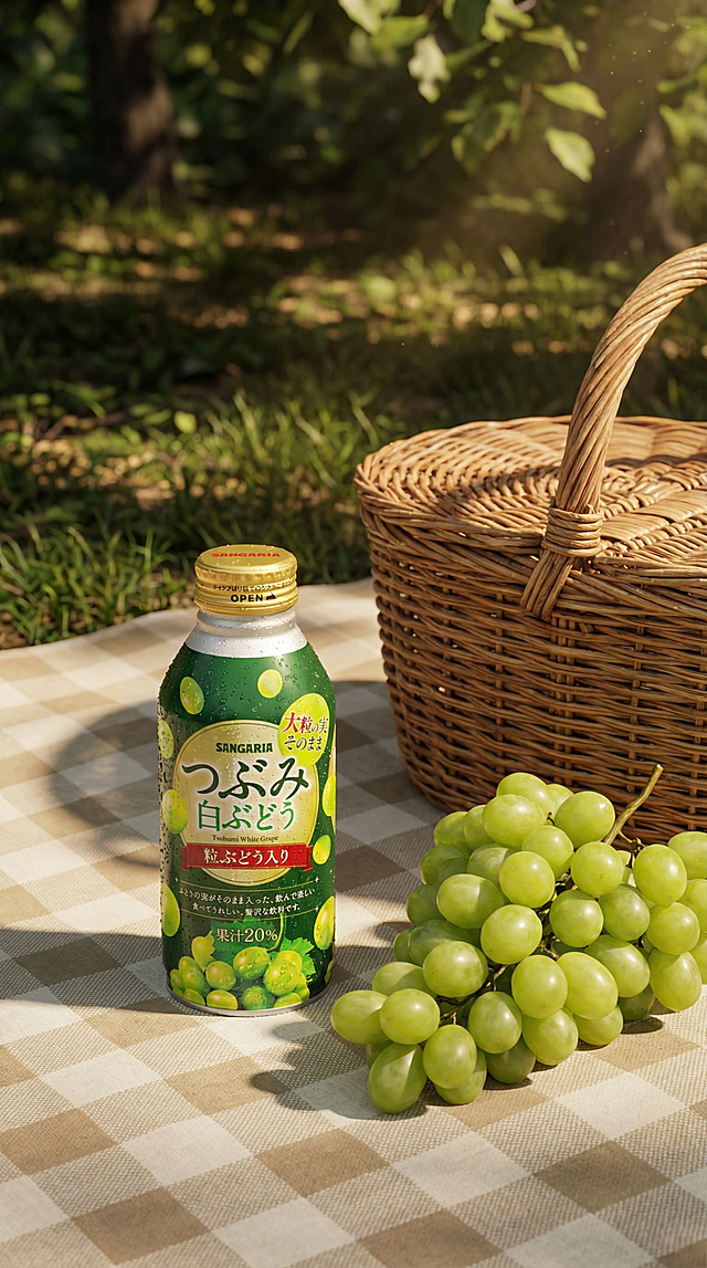 将这瓶SANGARIA青提果汁饮料，放置在浅米色格子野餐布上，搭配藤编野餐篮和新鲜青提串，背景是斑驳树荫的户外草坪，暖调午后阳光透过树叶洒下光斑，瓶身覆盖细密冷凝水珠，营造户外野餐清爽氛围，保持饮料产品包装和Logo原样不变。