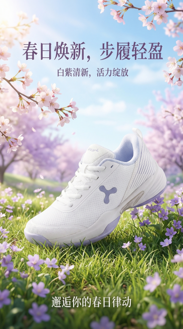 保持原有白紫拼色运动鞋主体和形状不变，生成竖版春日主题商品营销海报，尺寸比例1080X1920，清新浅紫春日户外场景，搭配柔和春日氛围，添加中文春日运动宣传文案，突出鞋子干净清新配色，充满春日活力，专预览效果