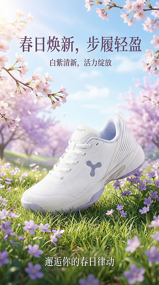 保持原有白紫拼色运动鞋主体和形状不变，生成竖版春日主题商品营销海报，尺寸比例1080X1920，清新浅紫春日户外场景，搭配柔和春日氛围，添加中文春日运动宣传文案，突出鞋子干净清新配色，充满春日活力，专业商品宣传海报质感
