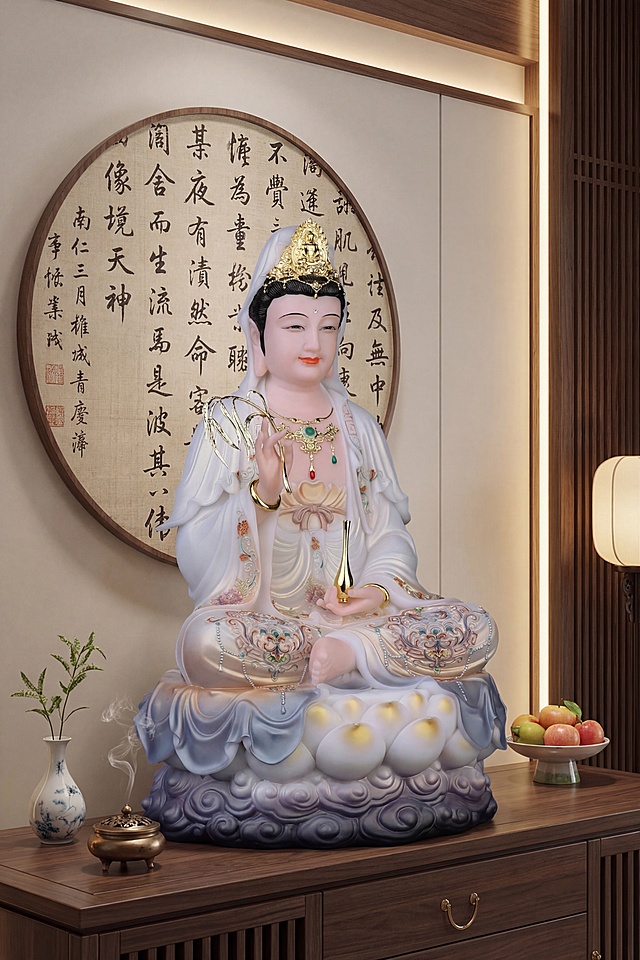 将这尊观音菩萨佛像放置在新中式禅意玄关供台场景中，整体氛围宁静雅致，新中式风格，背景简约典雅，保留佛像所有细节：纯手工彩绘衣纹色彩饱满层次细腻，真金箔描金，开脸慈悲面相圆润，莲花座细节精致