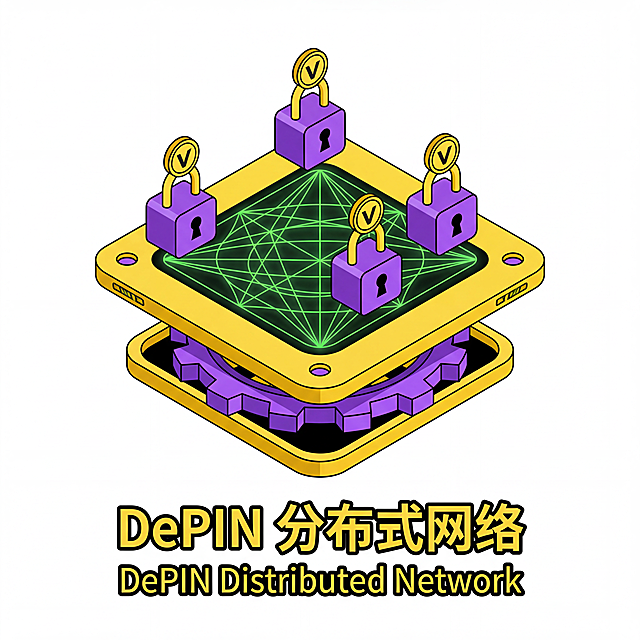 单独提取并生成这张图中第三个核心能力图标“DePIN 分布式网络”的高清图，保持原黄绿紫配色和等距立体插画风格，黑色背景，增加画面细节，提升清晰度，保留完整的图标造型和内容