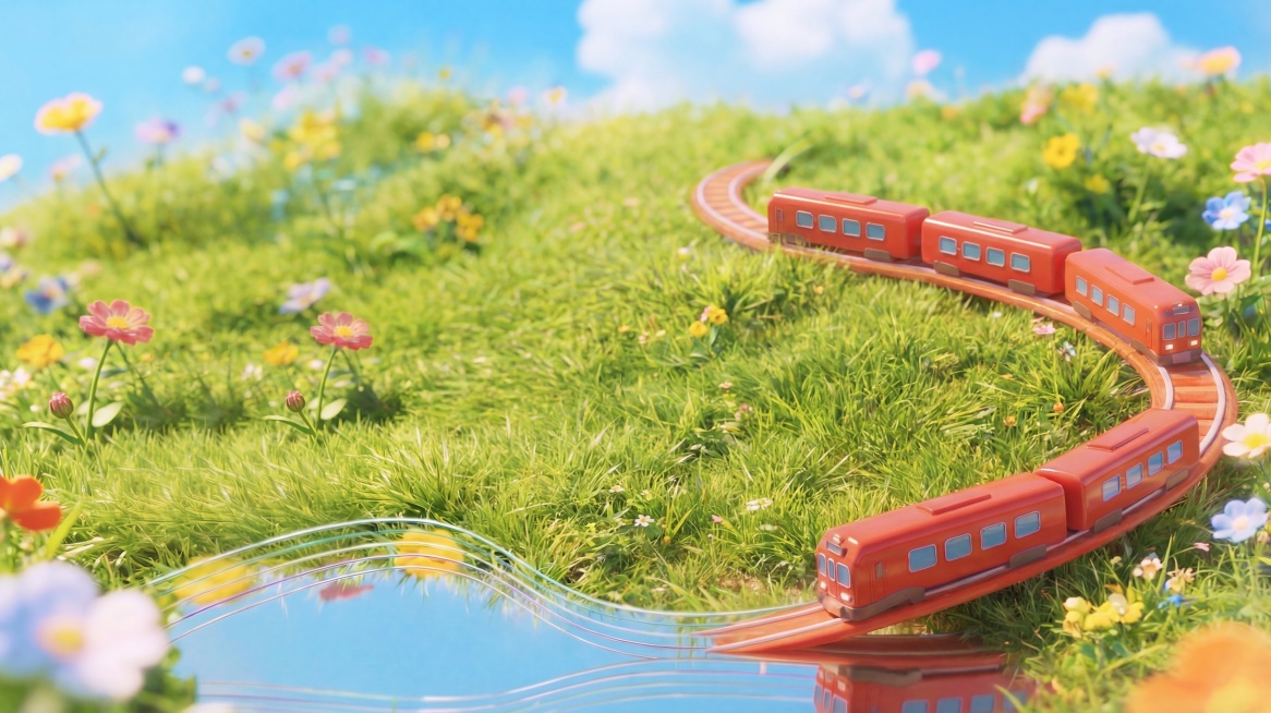 移除所有文字、建筑、音符、毛绒数字30等其他元素，仅保留弧形轨道和3D火车，保持草地背景和水面镜像效果不变预览效果