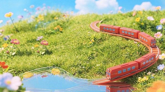 移除所有文字、建筑、音符、毛绒数字30等其他元素，仅保留弧形轨道和3D火车，保持草地背景和水面镜像效果不变