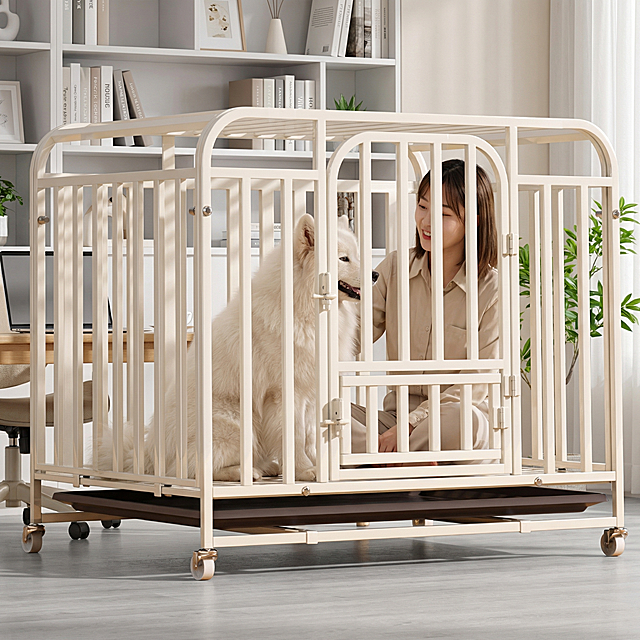 奶白色金属狗笼占据画面60%核心区域，保持物理结构绝对不变，放置在书房浅原木书桌角落，浅灰色地板，背景白色书架，清新明亮氛围，狗笼里面坐着一只成年萨摩耶，全新可爱东亚美女坐在书桌椅上逗狗，美女留齐肩短发，穿搭米色衬衫，干净可爱，柔和明亮书房自然光，低饱和米色色调，画面清新明亮，凸显狗笼主体，三分法构图，平视拍摄，书桌上放笔记本绿植，光影明亮通透，商业级4K超清，通透自然。保持1:1画面比例，西方面孔,金发,深眼窝,雀斑,杂乱,死黑阴影,硬光,高对比度,变形,扭曲,悬空,比例失调