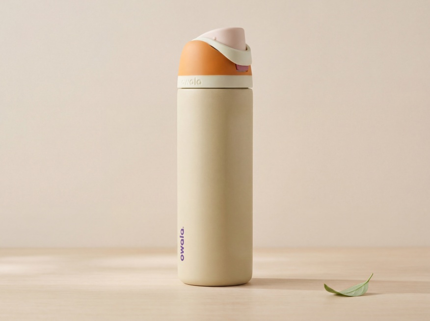 浅卡其色磨砂保温杯，杯盖为橙色拼浅米色，紫色品牌Logo在杯身，保持物理结构绝对不变，保持Logo原样，严禁扭曲变形。
居中平视构图，主体占画面70%，平稳放置在浅木色桌面上，有清晰柔和接触阴影，严禁预览效果