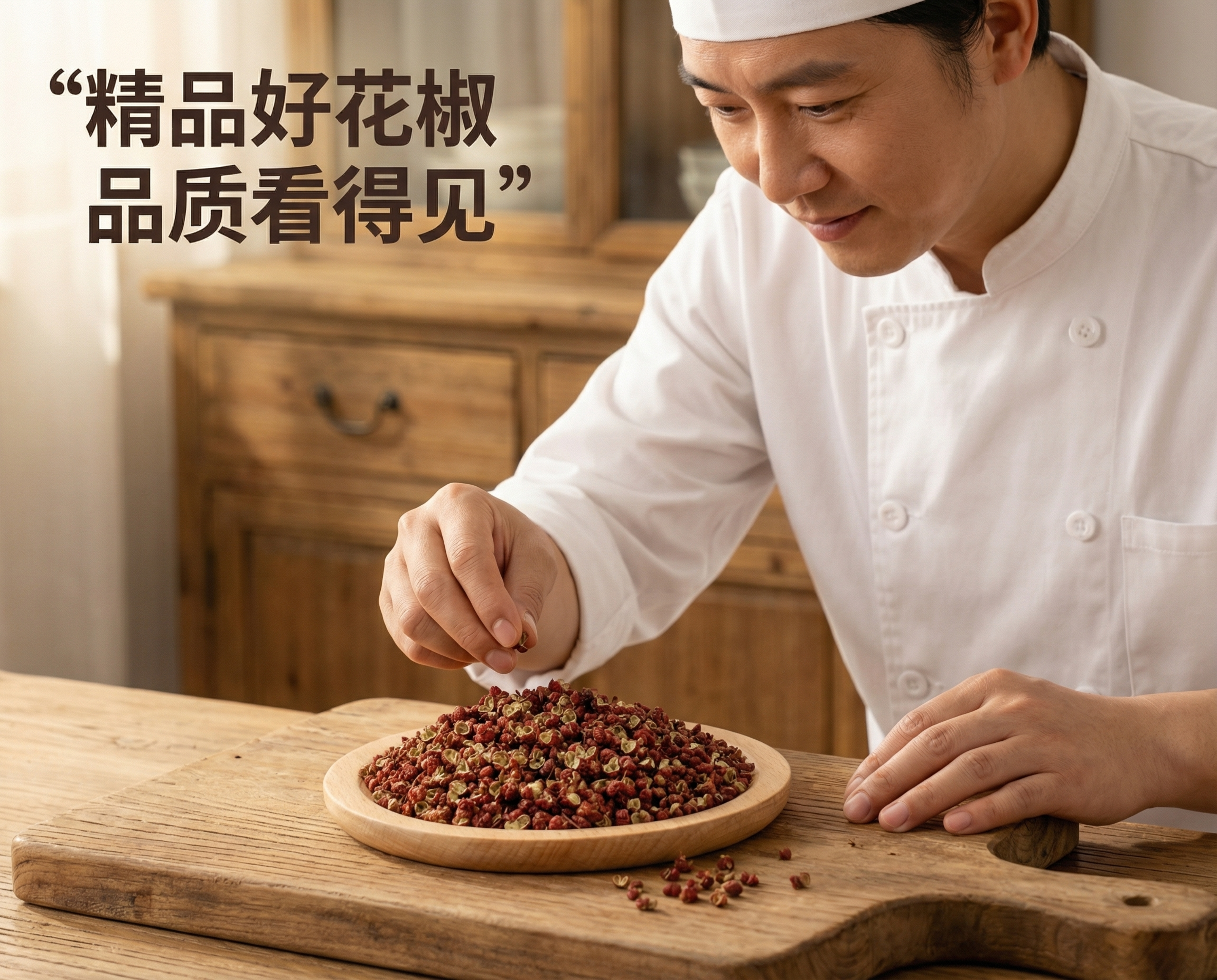 图片中的红花椒干货盛放在木盘里，保持花椒颗粒物理结构绝对不变，… - 图片创意预览
