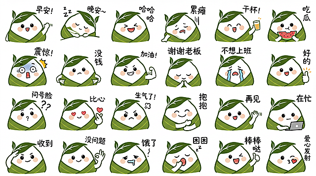 基于参考图中的粽子角色，生成LINE风格的Q版半身像表情包，保持原角色头顶绿色叶子头饰的正确设计。彩色手绘风格，4行6列布局，包含多个常用聊天语句和娱乐梗图，所有文案标注为手写简体中文，不要复制原图，整体为4K分辨率 16:9