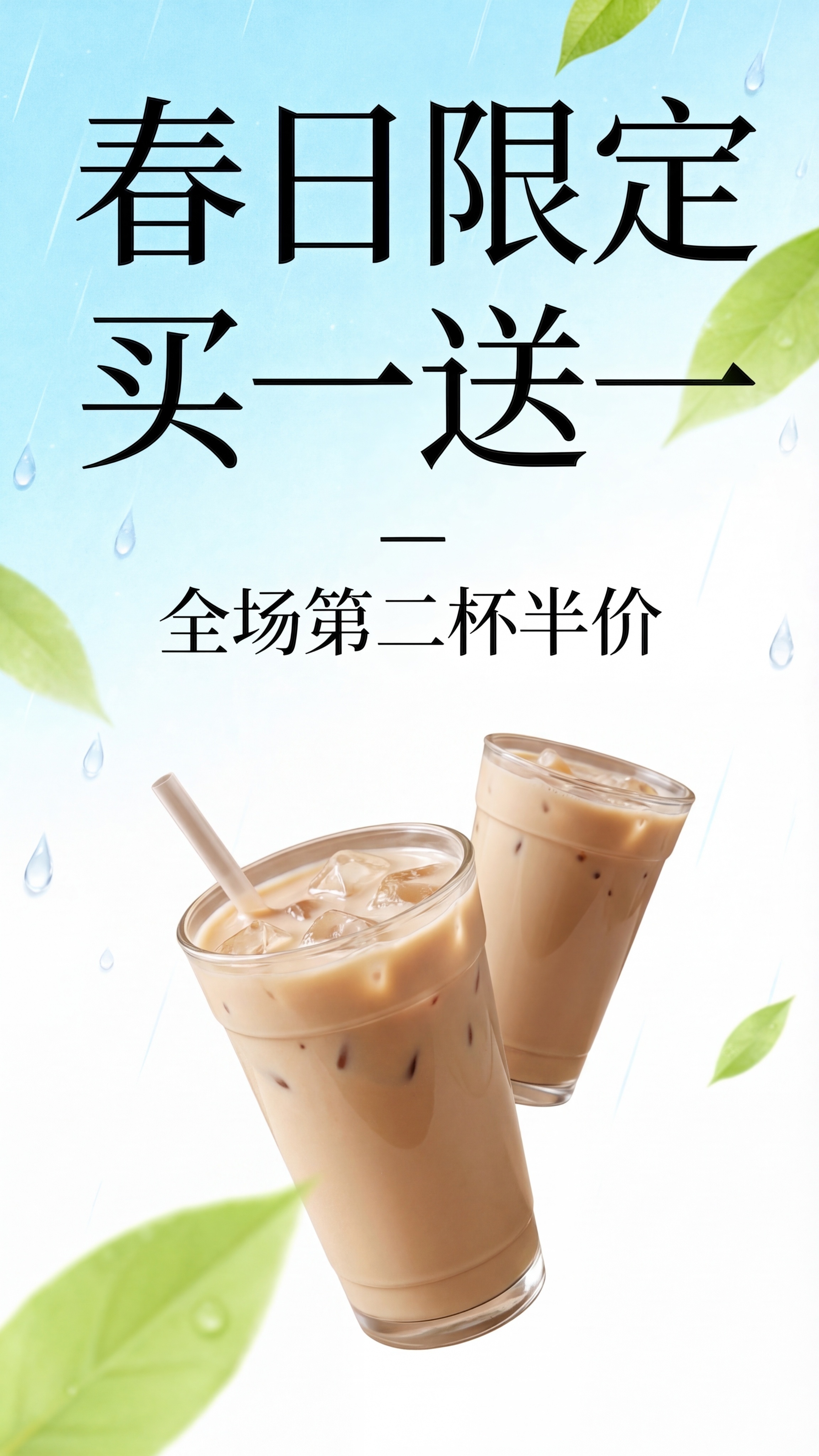 在原有春日奶茶店促销海报基础上，添加两杯奶茶，两杯奶茶叠放，前… - 图片创意预览