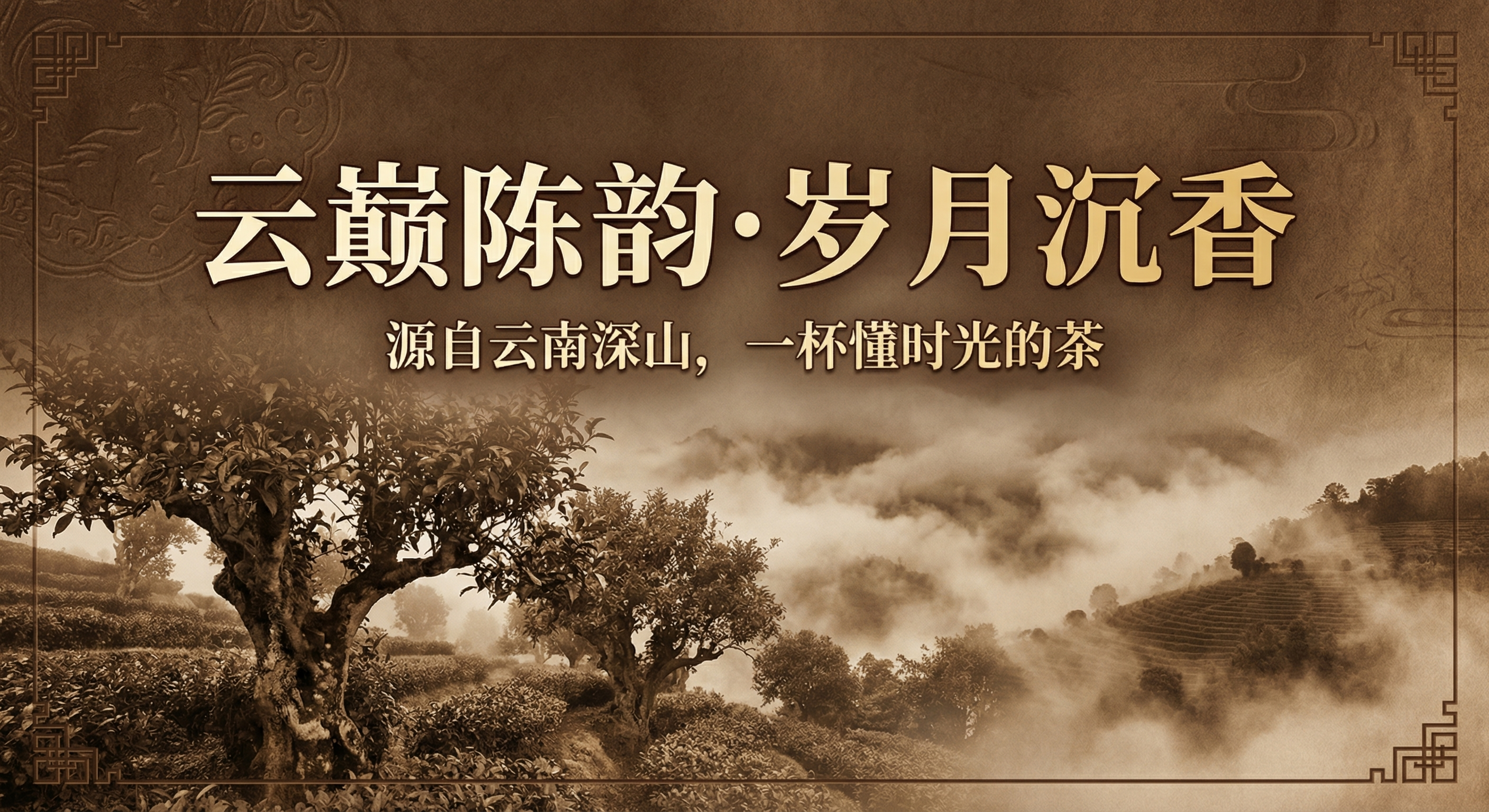 普洱茶宣传册封面，主标题“云巅陈韵·岁月沉香”，副标题“源自云… - 图片创意预览
