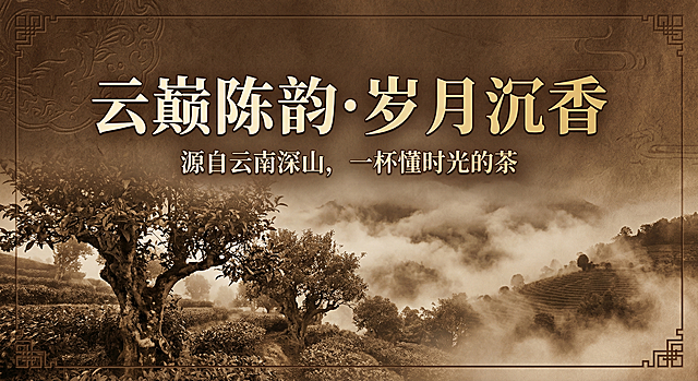 普洱茶宣传册封面，主标题“云巅陈韵·岁月沉香”，副标题“源自云南深山，一杯懂时光的茶”，文字清晰突出，增加整体文字视觉占比，背景为云南高山云雾茶园，百年古茶树，古朴典雅的中式风格，高级质感，传统茶文化氛围，整体色调偏沉稳棕褐色