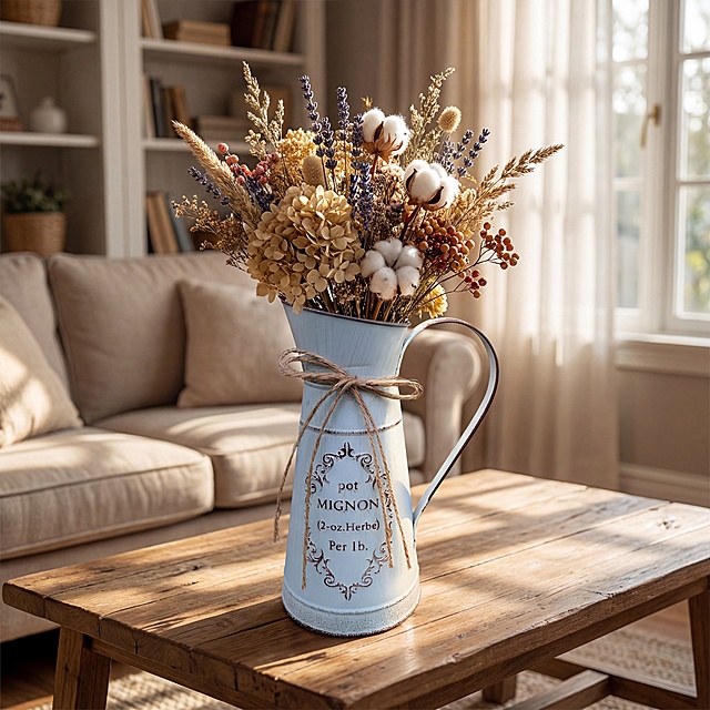 绝对保留浅蓝色做旧铁艺水壶原本的颜色、麻绳装饰、文字图案和全部外观细节完全不变，不做任何修改，在水壶内部插上漂亮的干花，将水壶整体放置在客厅的木质茶几上，窗外阳光斜射进来形成自然柔和的光斑，温暖美丽的氛围，客厅背景，保持产品结构不变，不扭曲不穿模，商业摄影，画面清晰通透