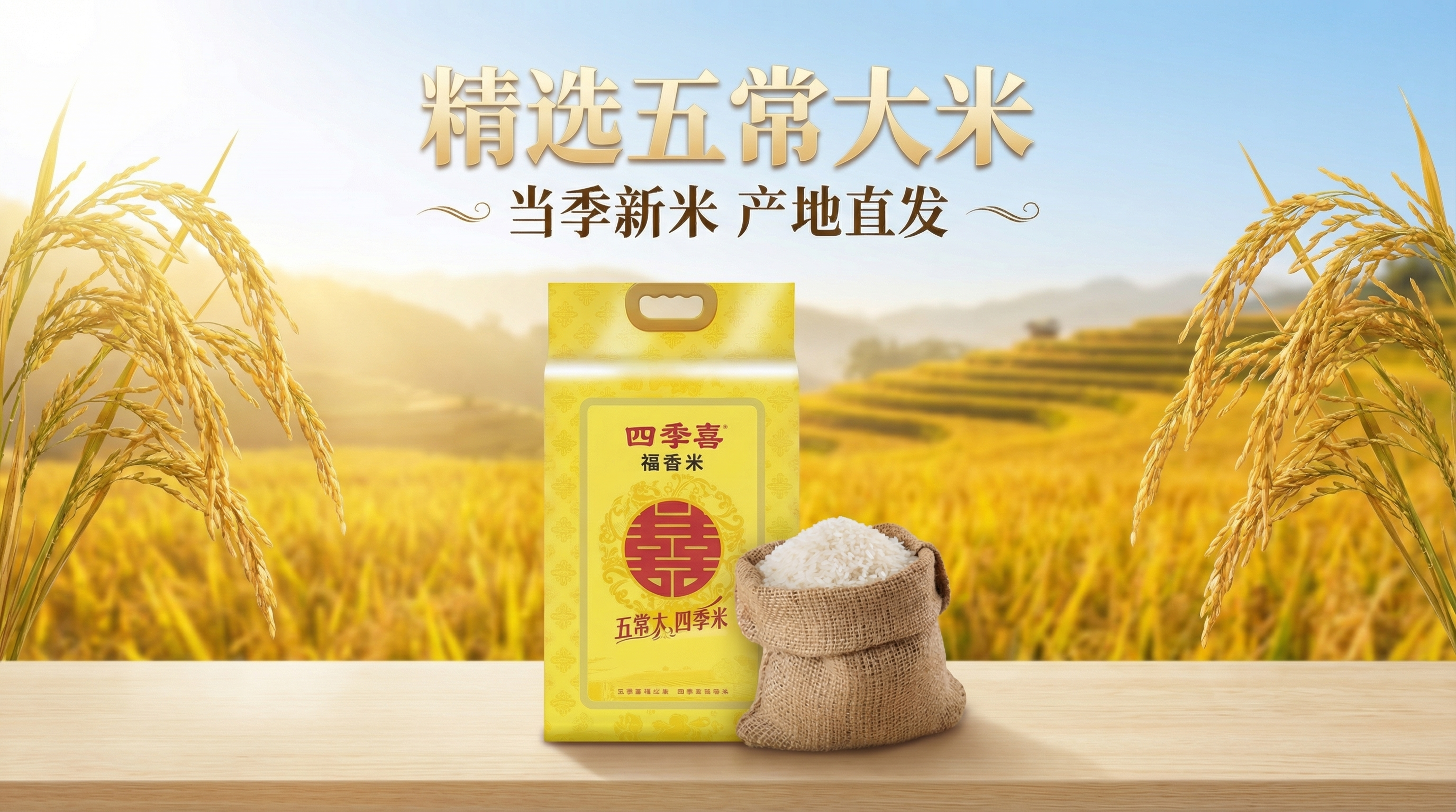 黄色包装"四季喜"福香米大米袋，搭配麻布袋装生米，保持产品原有… - 图片创意预览