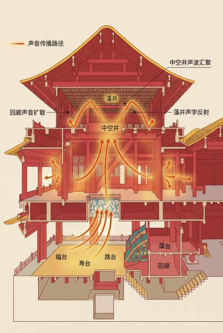 参考原图的插画风格，生成一张A3大小的故宫畅音阁大戏楼建筑声学示意图，展示出中空井、藻井、回廊的声音传播路径，保留传统中式建筑的红黄色调，画面清晰，信息标注明确预览效果