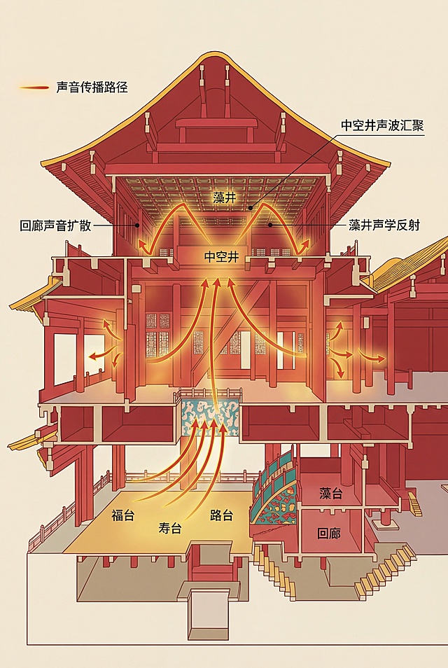 参考原图的插画风格，生成一张A3大小的故宫畅音阁大戏楼建筑声学示意图，展示出中空井、藻井、回廊的声音传播路径，保留传统中式建筑的红黄色调，画面清晰，信息标注明确