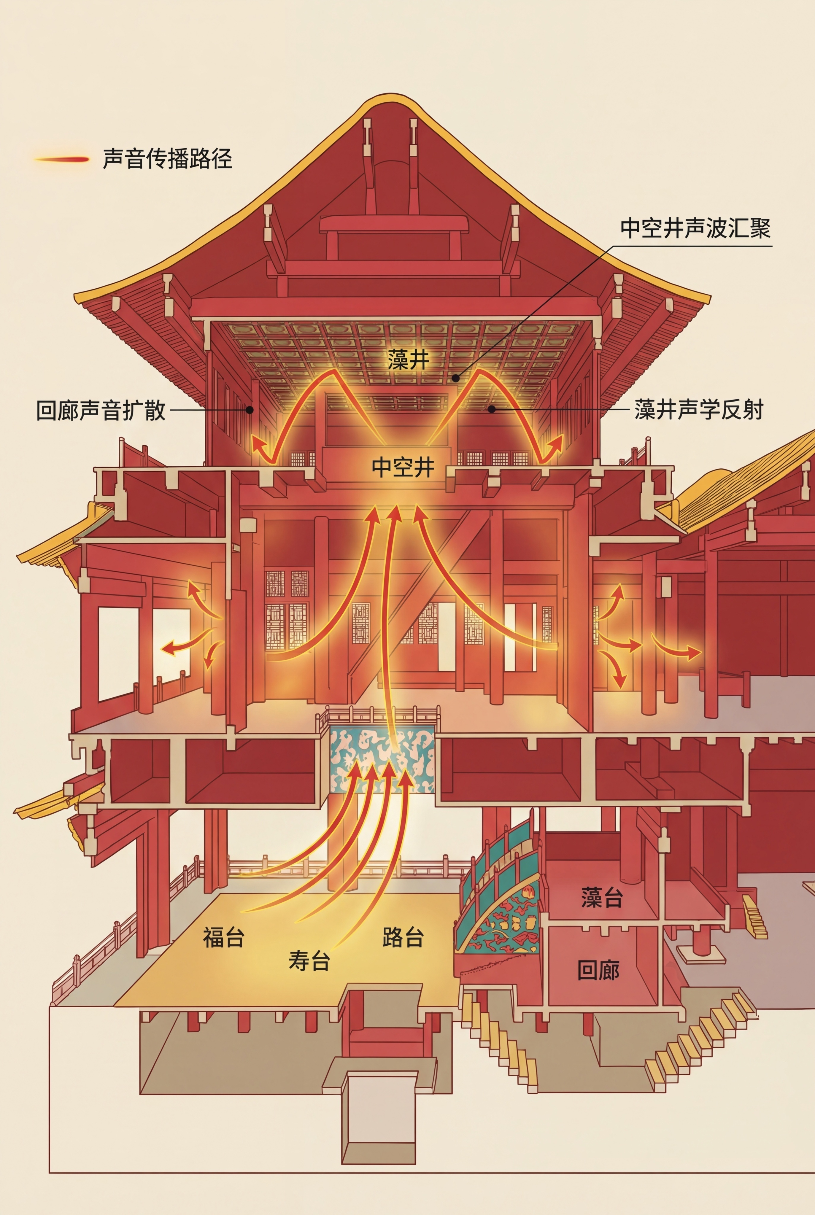 参考原图的插画风格，生成一张A3大小的故宫畅音阁大戏楼建筑声学… - 图片创意预览