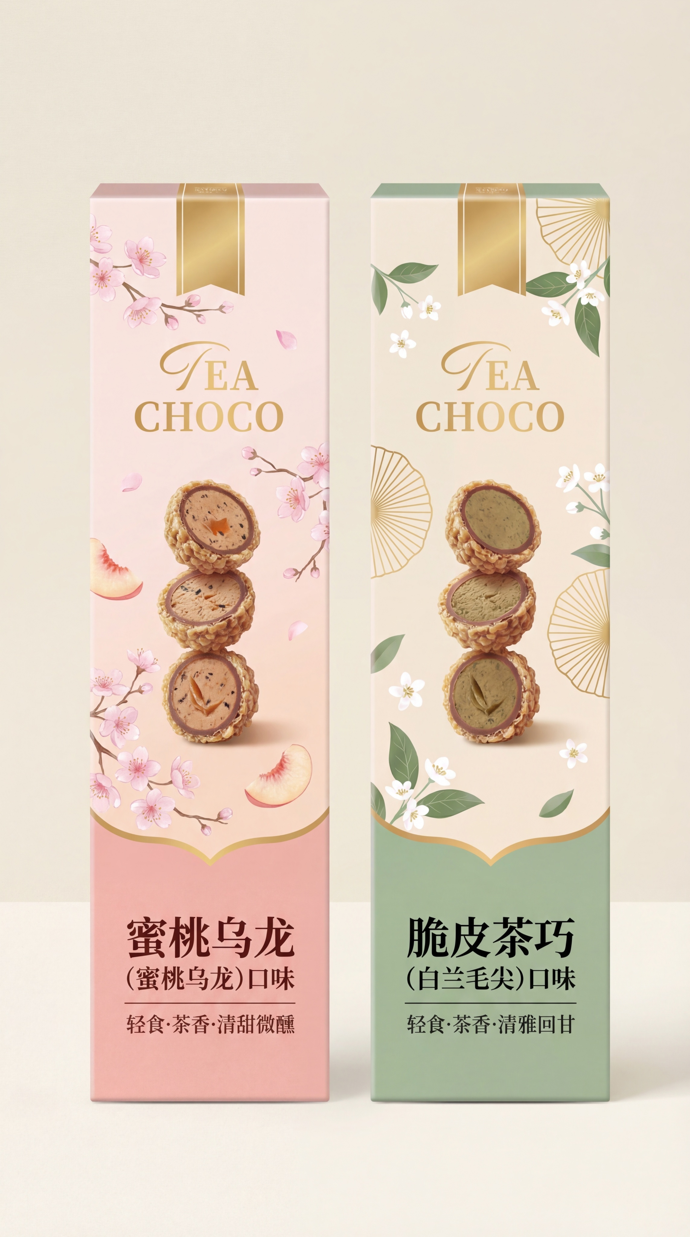结合三张图风格，设计两款竖版细长纸盒包装（宽3.8cm×高18… - 图片创意预览