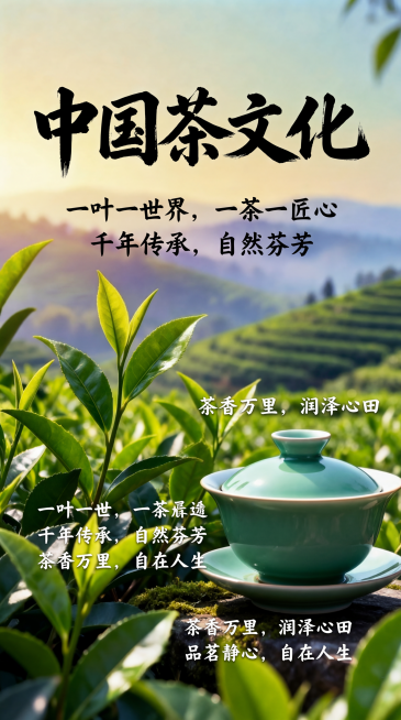 在这张中国茶文化海报上增加更多宣传文字，比如"一叶一世界，一茶一匠心"、"千年传承，自然芬芳"等茶文化相关文案，丰富画面内容，同时调整画面色彩，增加更多层次丰富的色彩变化，保留原构图和主体元素，整体风预览效果