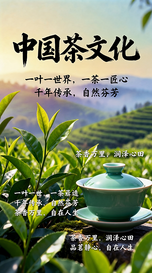 在这张中国茶文化海报上增加更多宣传文字，比如"一叶一世界，一茶一匠心"、"千年传承，自然芬芳"等茶文化相关文案，丰富画面内容，同时调整画面色彩，增加更多层次丰富的色彩变化，保留原构图和主体元素，整体风格自然清新