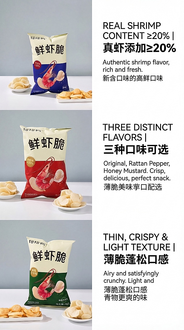 修改这张鲜虾脆详情页，明确标注出三种口味：原味、藤椒味、蜂蜜芥末味，调整设计风格使其更简约高级，符合国际版产品设计风格，修正文字错误，保持左右分栏布局，白色背景，极简风，商业摄影，高清，排版清晰无水印