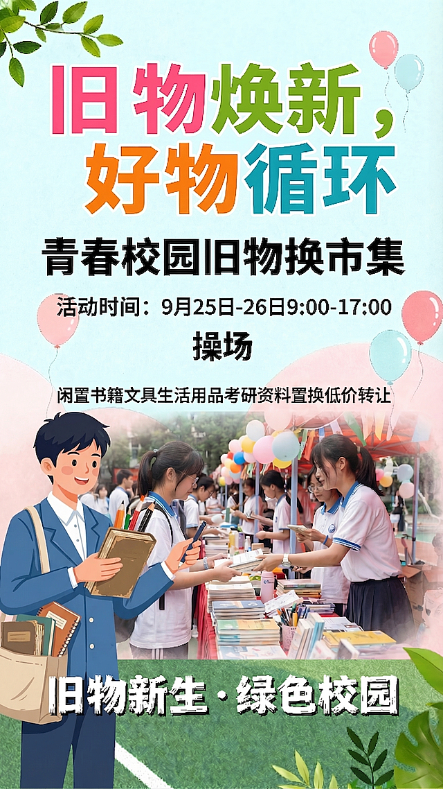 将海报左侧男生插画改为更贴合‘旧物置换’主题的形象：他手持一本旧书与一支笔，肩背帆布包（内露出文具/考研资料），面带微笑参与市集互动；服装为校服风格，背景保留操场与气球元素；整体保持青春校园风，与右侧实景图自然融合