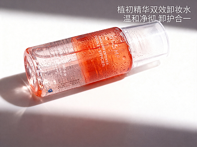 在已精修好的透明卸妆水瓶图片基础上，在画面右上角添加简洁文字介绍"植初精华双效卸妆水 温和净彻 卸护合一",保持整体高级感和纯白背景不被破坏，保留原有光影和商品细节，文字排版简洁优雅