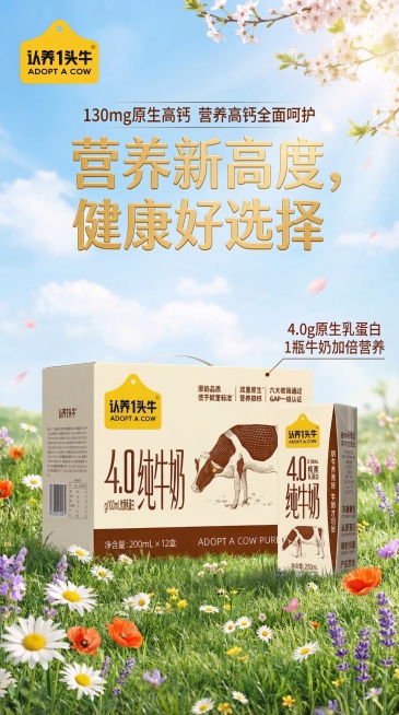 将海报上所有文字的字体更换为微软雅黑，保持原有春日主题牛奶海报的构图、产品位置和整体风格不变，主标题文字"营养新高度,健康好选择"，点缀文案"4.0g原生乳蛋白 1瓶牛奶加倍营养"和"130mg原生高预览效果