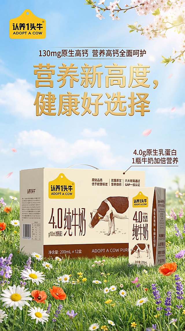 将海报上所有文字的字体更换为微软雅黑，保持原有春日主题牛奶海报的构图、产品位置和整体风格不变，主标题文字"营养新高度,健康好选择"，点缀文案"4.0g原生乳蛋白 1瓶牛奶加倍营养"和"130mg原生高钙 营养高钙全面呵护"文案内容不变，只更换字体