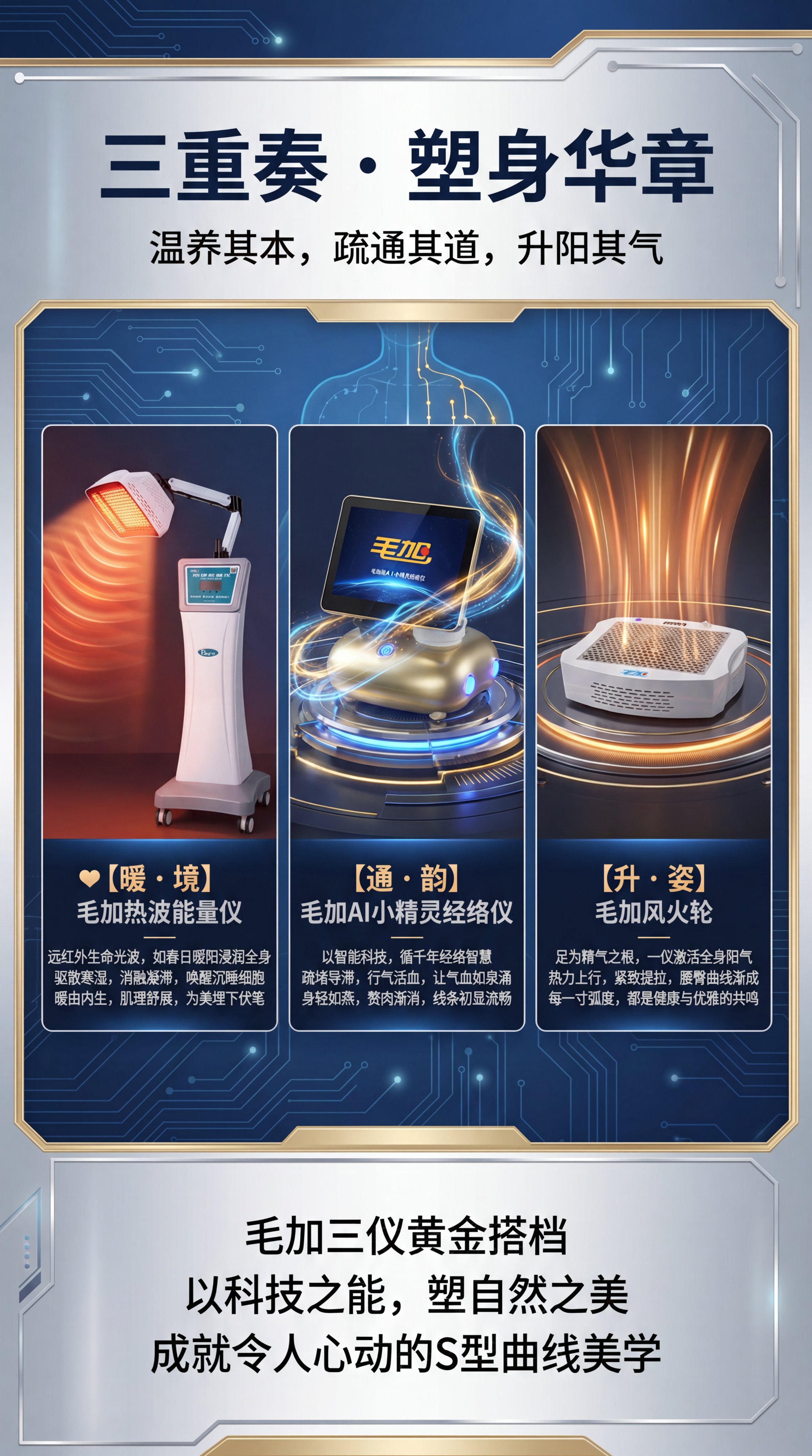 重新制作一张不同风格的竖版养生塑形宣传海报，展示三款毛加养生仪… - 图片创意预览