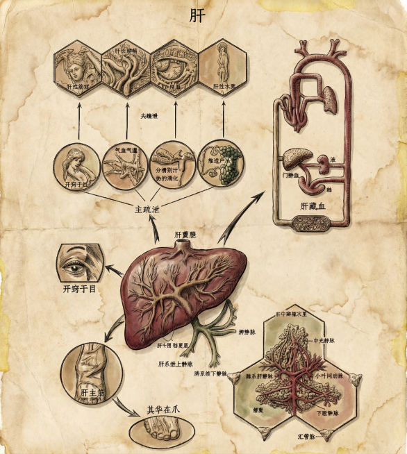 将这张肝脏示意图修改为与参考图一样的手绘复古医学插画风格，背景换成米黄做旧纸张，保持所有标注文字为黑色，结构和内容不变，整体变成复古手绘线稿彩色插画风格。预览效果