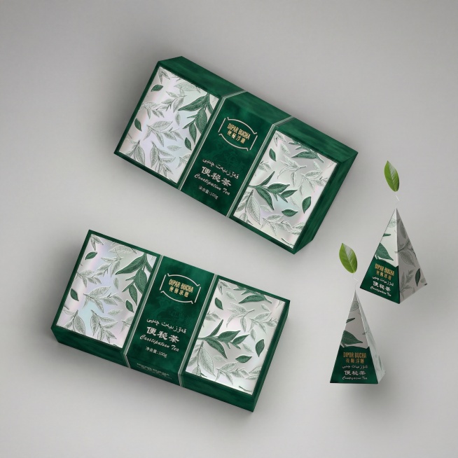 商业茶叶包装设计，完全保留原包装的外盒+内三角茶包的造型、结构、透视、摆放角度100%不变。仅升级设计理念为轻奢香氛级包装：将深绿改为哑光丝绒绿，银白改为珠光白，叶片纹理做压纹+局部烫银工艺，品牌标识预览效果