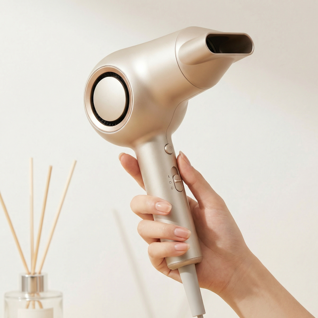 1:1 比例，专业电商产品摄影，轻奢个护风，严格还原产品图细节，产品外观与参考图完全一致，保持真实材质质感。画面中一只纤细白皙的女性手掌自然握持浅香槟金色高速吹风机，手掌姿势舒适，手指贴合吹风机圆润的预览效果