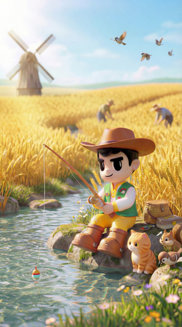 在保留当前人物、溪流、麦田、风车与农民等全部元素的基础上，在IP角色身旁（岩石右侧草地上）添加2-3只可爱小动物：1只蹲坐的橘猫（毛茸茸，望向水面），1只低头啄食的小麻雀，1只探头张望的松鼠；动物风格预览效果