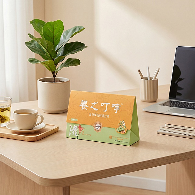 商品场景图，养之叮咛·金针菜石斛清甘茶放在行政办公区浅色办公桌上，旁边搭配简约绿植，浅米黄+清新绿配色，整洁干净，轻养生办公氛围，1:1正方形构图，4K画质