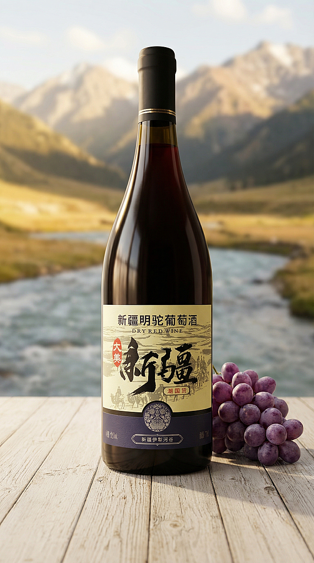 深红色瓶装新疆干红葡萄酒，深黑色瓶身，黄色+深蓝色标签，标签文字为"新疆明驼葡萄酒 大美新疆 潮国货 新疆伊犁河谷"，保持物理结构绝对不变，严禁扭曲变形，保持标签文字原样。主体占画面60%，平稳放置在浅色做旧原木桌面上，保留清晰接触阴影。新疆伊犁河谷风景作为远景背景，山脉与河谷草地，拉开景深。搭配一串新鲜紫葡萄作为原材料点缀。暖调午后窗光漫射，低对比度，阴影极淡柔和，暖米色低饱和氛围。瓶身点缀淡淡环境反光，整体通透干净，营造氛围感种草画报风格。商业高端葡萄酒摄影，4K分辨率，极高材质细节，保持9:16画面比例。