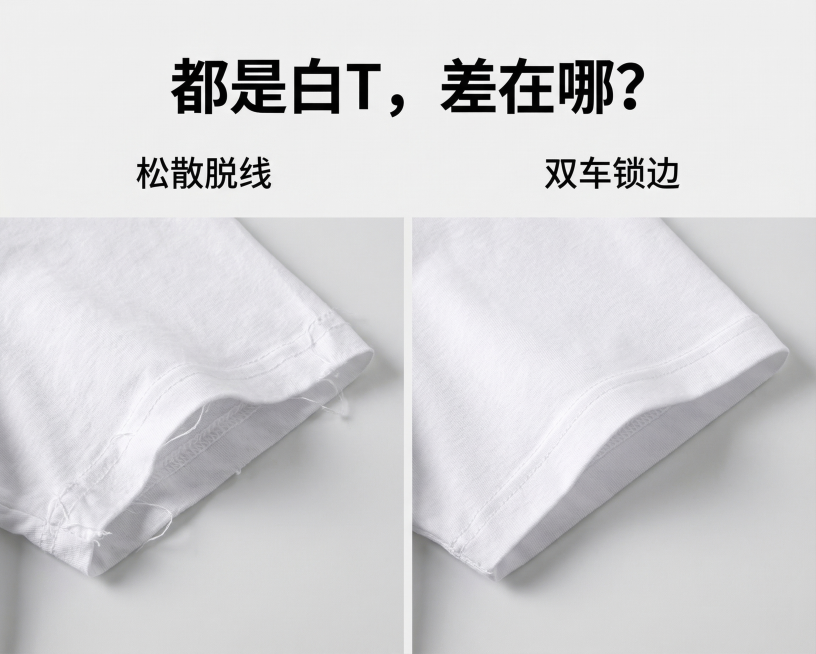 对比图，左边展示做工粗糙松散的白T恤袖口细节，右边展示工整双车线加固的白T恤袖口细节，保持产品细节和物理结构不变。
整体采用极简棚拍风格，浅灰色纯色背景，拉开景深。
柔和漫射柔光，明亮补光，凸显布料和预览效果