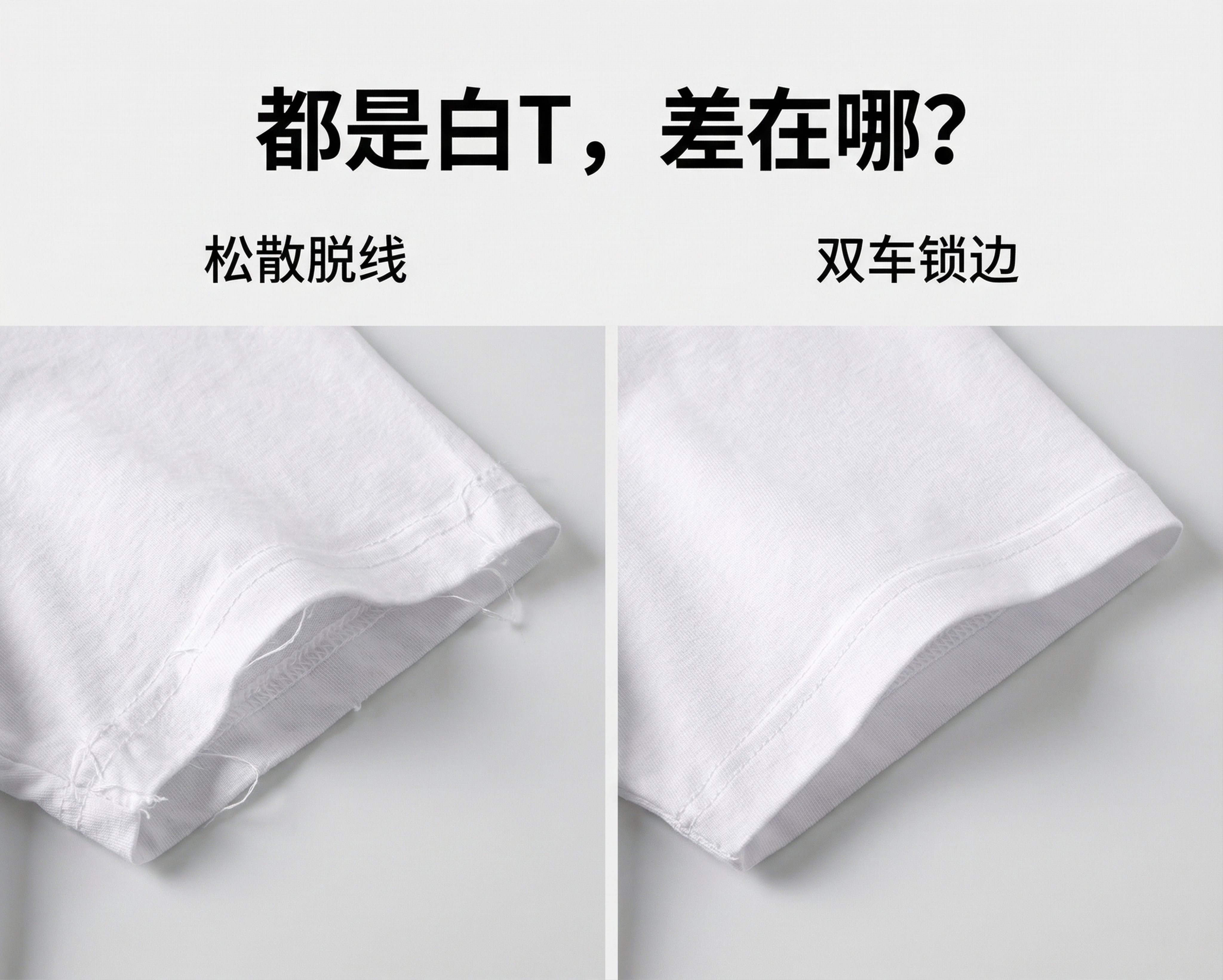 对比图，左边展示做工粗糙松散的白T恤袖口细节，右边展示工整双车… - 图片创意预览