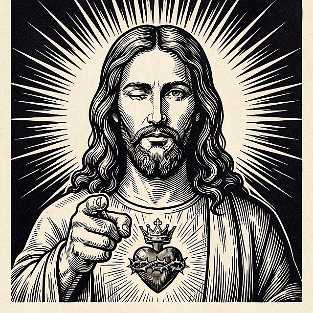美式复古木刻版画风格，线条硬朗排线细腻，高对比度米白黑复古色调，主体耶稣形象，长卷发胡须，胸口带荆棘冠圣心，背后放射状圣光（Sunburst），单眼wink表情严肃但搞怪，反差感十足，食指直指前方观看者，高清8K细节完整，不出现任何文字