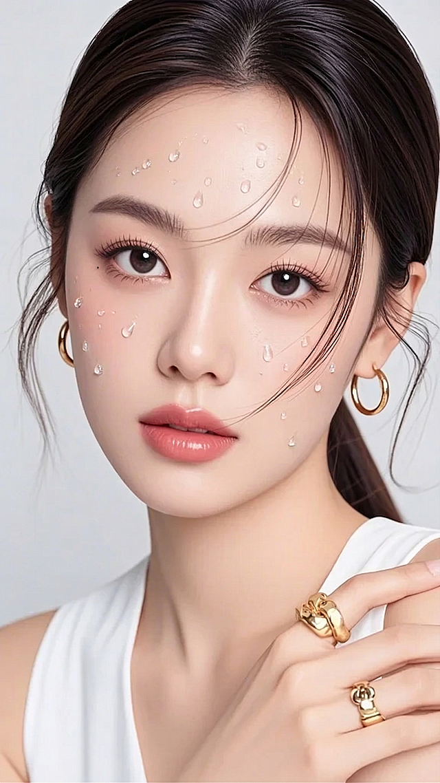 在人物的脸颊和额头点缀几颗晶莹剔透的水珠，其他部分保持不变，原图的人物形象、配饰和背景都保留