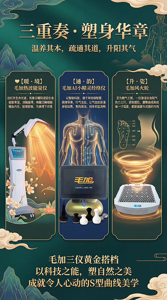 制作轻奢国潮风格竖版养生塑形宣传海报，结合人体工程美学，优雅展示三款毛加养生仪器：加热波能量仪、AI小精灵经络仪、风火轮，融合传统养生智慧与现代科技，画面高级有质感层次分明，文案排版清晰，文案内容：
♥【暖 · 境】毛加热波能量仪
远红外生命光波，如春日暖阳浸润全身 
驱散寒湿，消融凝滞，唤醒沉睡细胞
暖由内生，肌理舒展，为美埋下伏笔
 
【通 · 韵】毛加AI小精灵经络仪
以智能科技，循千年经络智慧
疏堵导滞，行气活血，让气血如泉涌
身轻如燕，赘肉渐消，线条初显流畅
 
【升 · 姿】毛加风火轮
足为精气之根，一仪激活全身阳气
热力上行，紧致提拉，腰臀曲线渐成
每一寸弧度，都是健康与优雅的共鸣
 
三重奏 · 塑身华章
温养其本，疏通其道，升阳其气
毛加三仪黄金搭档
以科技之能，塑自然之美
成就令人心动的S型曲线美学，所有文案文字清晰可见