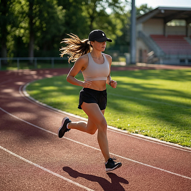 黑色纯棉棒球帽，正面带有一个白色水滴形标志，保持物理结构绝对不变，严禁扭曲变形。这顶帽子佩戴在欧美女性模特头上，模特在户外运动场地上，进行慢跑运动，自然动态行走抓拍。空间材质：户外塑胶运动场背景，绿色草坪，拉开景深。光影氛围：户外自然光，午后阳光直射，高对比度光影，保留清晰轮廓和投影，增强真实体积感。构图视角：中景拍摄，聚焦模特上半身和帽子细节，平视角度。生机点缀：阳光在地面形成斑驳光影，模特发丝自然飘动，注入动态生机。画质渲染：商业高端时尚摄影，8K分辨率，极高材质细节，真实还原帽子布料纹理，保持1:1画面比例。