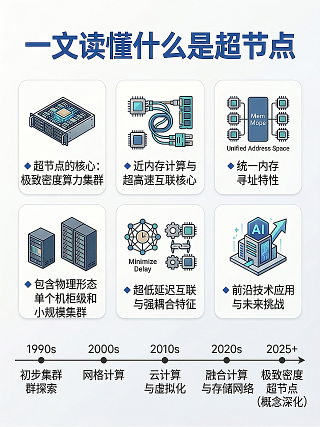参考上传图片的排版结构，生成扁平化科技海报，上方清晰写出文字"一文读懂什么是超节点"，内容介绍AI算力领域中超节点，超节点是近内存计算和超高速互联为核心，融合计算存储网络的极致密度算力集群，包含物理形态单个机柜级系统、小规模集群级系统，以及统一内存寻址、超低延迟互联、强耦合三个核心特征，采用极简现代感科技配色，高端商务科技风，矢量扁平化插画
