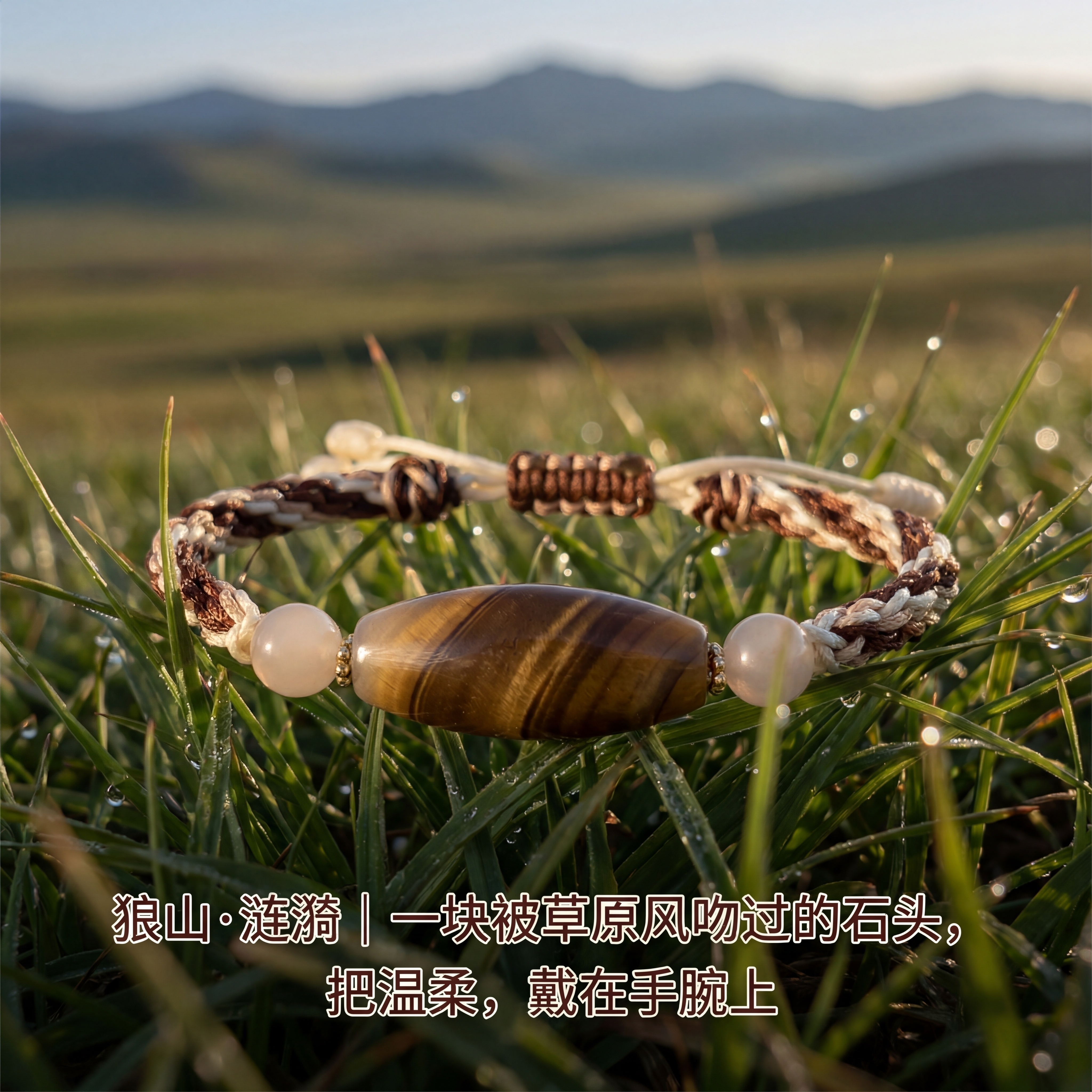 高清微距摄影风格，狼山石手链「涟漪」置于湿润青草叶上，晨光斜射… - 图片创意预览