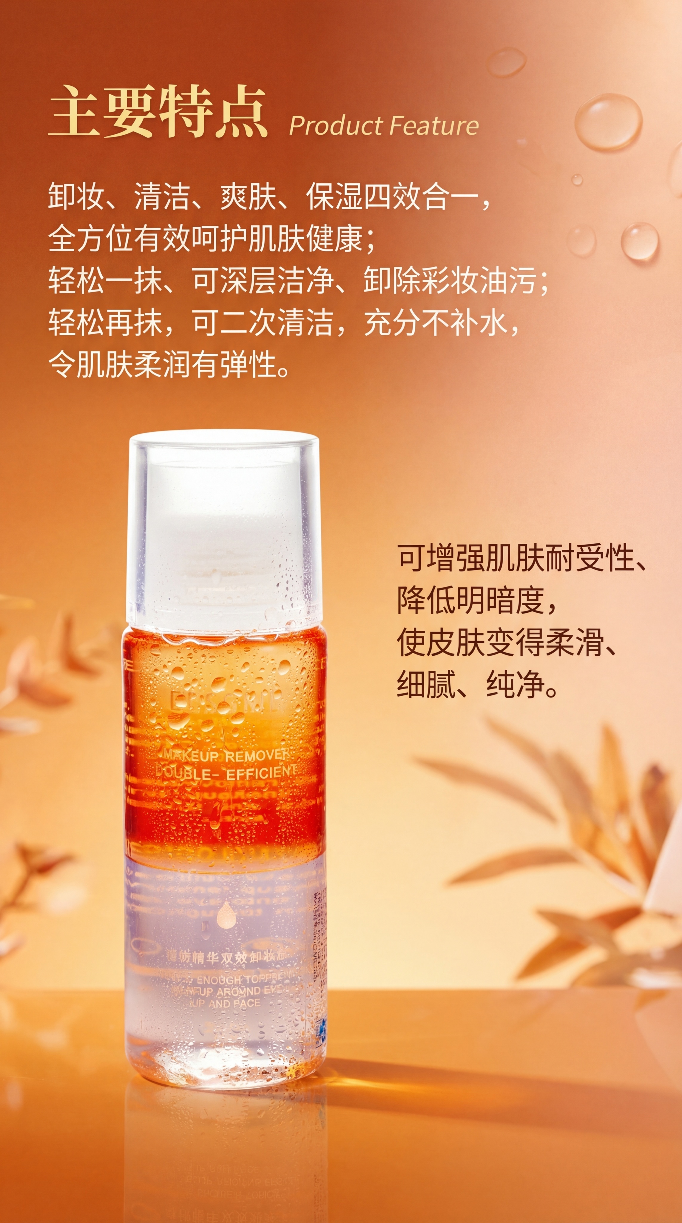 根据第一张图产品特点文案和第二张卸妆水产品实物图，合成一张高大… - 图片创意预览